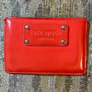 KATE SPADE Card Holder/Small Wallet, Coral Patent Leather + Light-Tan Leather